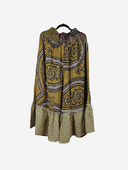 She Lives Beauty Anything for Selenas pants in mustard yellow vintage kantha cotton with a ruffled hem.