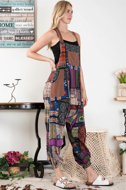 Patchwork Print Overall Baggy Jumpsuit