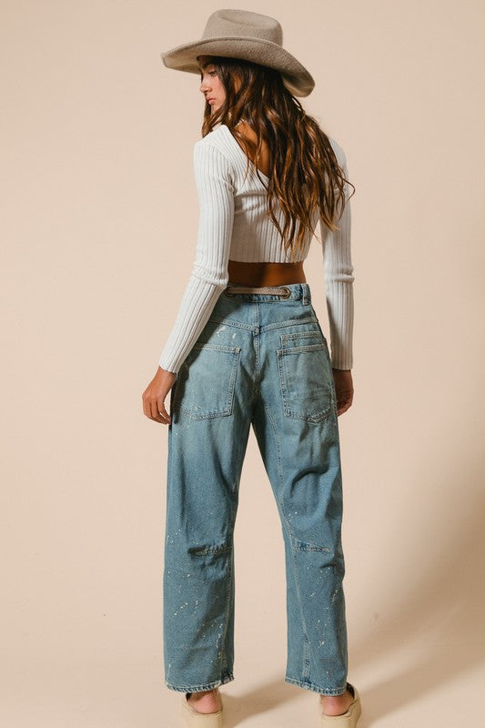 Braided Waist Belt Washed Denim Pants
