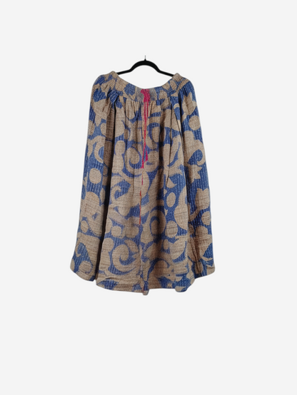 She Lives Beauty Pachuco Kantha capri pants in vintage cotton with blue and beige swirling patterns and pleats.