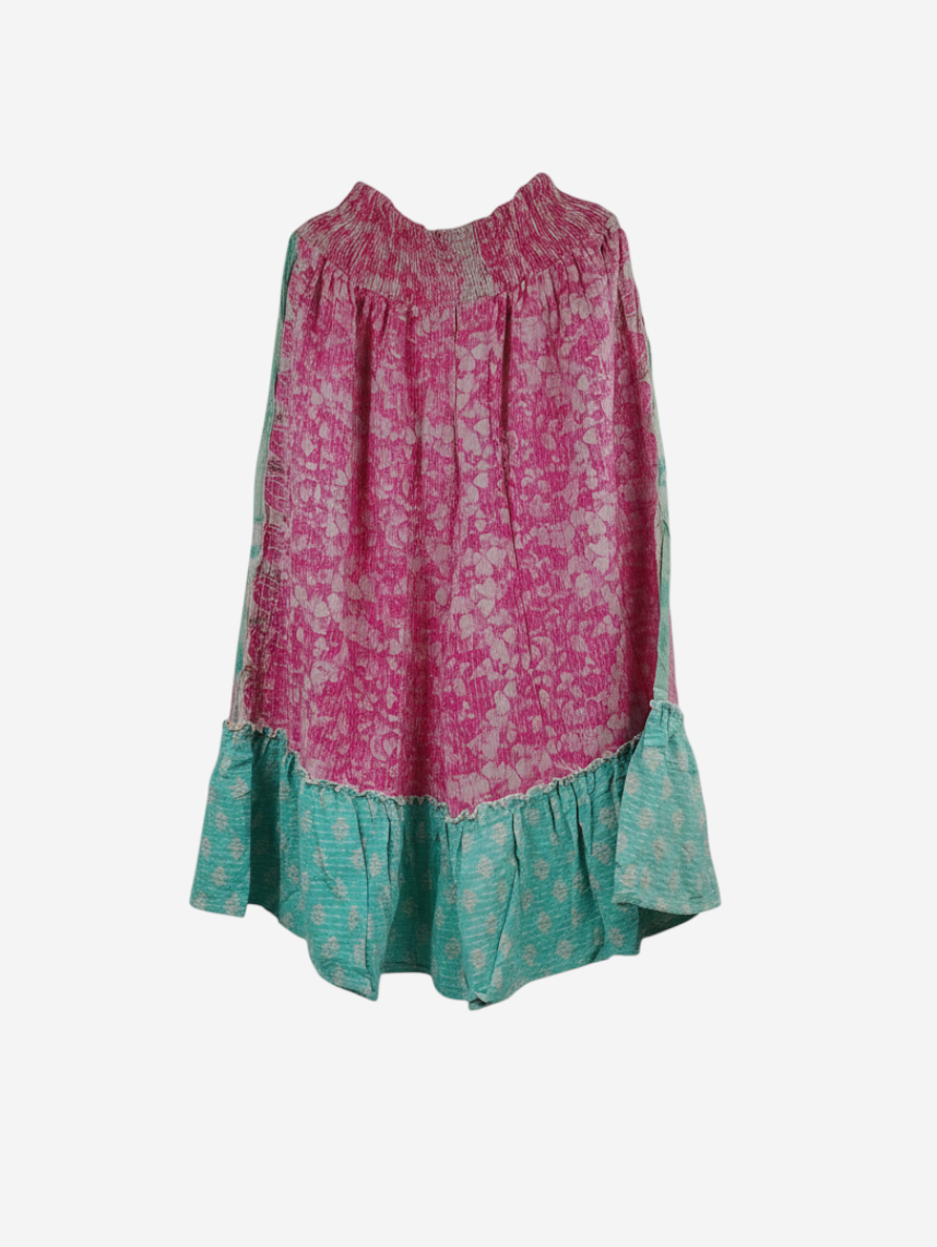 She Lives Beauty Anything for Selenas pants in pink and teal vintage Kantha cotton with an oversized ruffle hem.