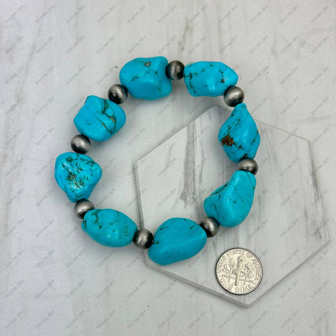 BR250120-30                     Stretch blue turquoise stone nuggets with silver Navajo pearl beads Bracelet