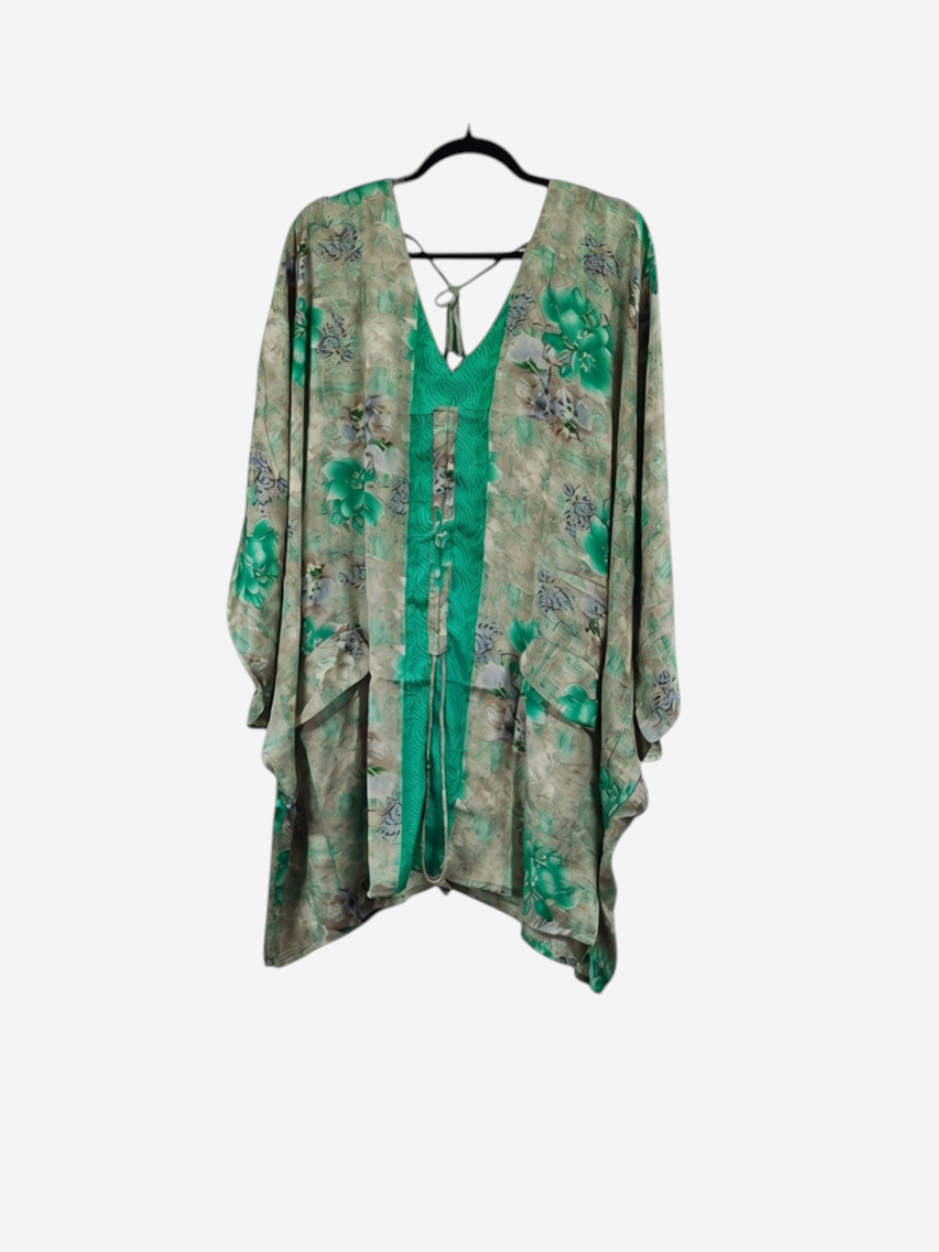 She Lives Beauty Moonflower Silk Oasis Top in green floral vintage rasgulla silk with a relaxed boho silhouette.