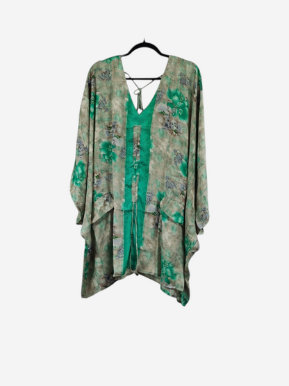 She Lives Beauty Moonflower Silk Oasis Top in green floral vintage rasgulla silk with a relaxed boho silhouette.