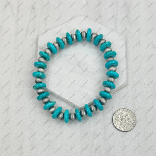 BRZ240708-40                      Blue flat turquoise stone and silver Navajo pearl beads bracelet