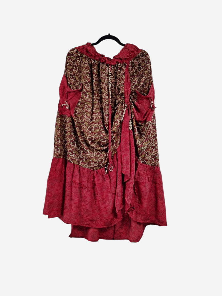 She Lives Beauty Sienna Moon cargo skirt in red and brown vintage rasgulla silk with bohemian paisley patterns.