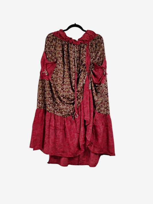 She Lives Beauty Sienna Moon cargo skirt in red and brown vintage rasgulla silk with bohemian paisley patterns.