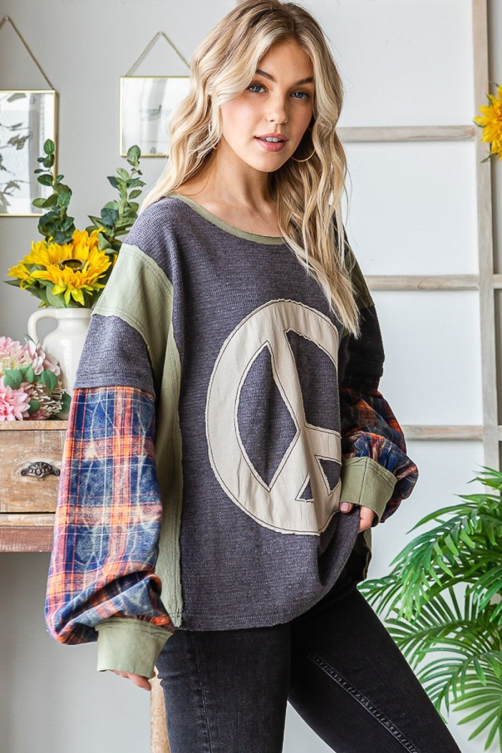Peace Plaid Sleeve Pullover