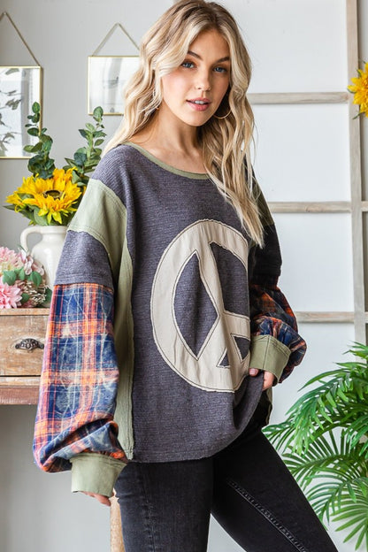 Peace Plaid Sleeve Pullover