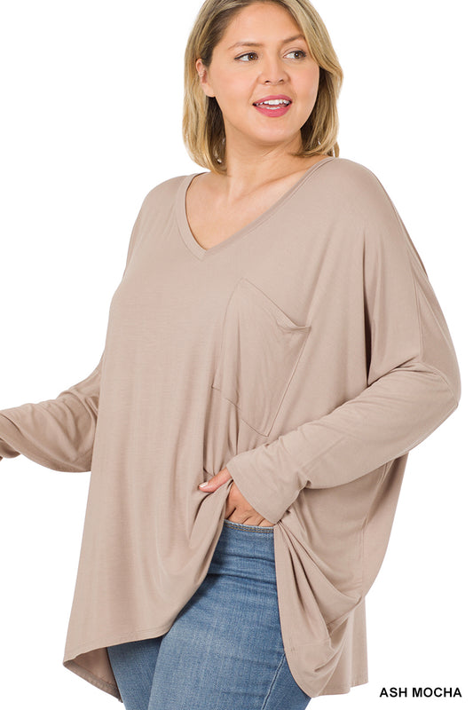 Plus Size Oversized V-Neck Front Pocket Top (2 Options)