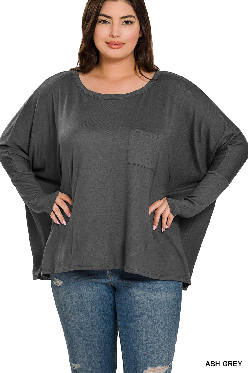 Plus Size Fashionable Dolman Sleeve Round Neck Top w/ Font Pocket