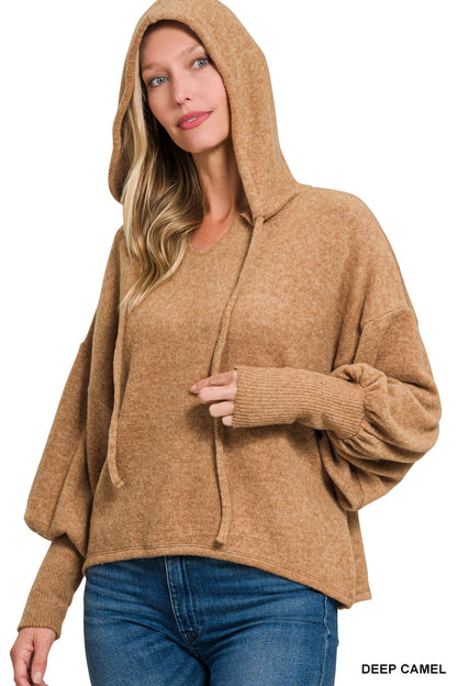 Soft Brushed Hacci Cropped Balloon Sleeve Hoodie (5 Options)