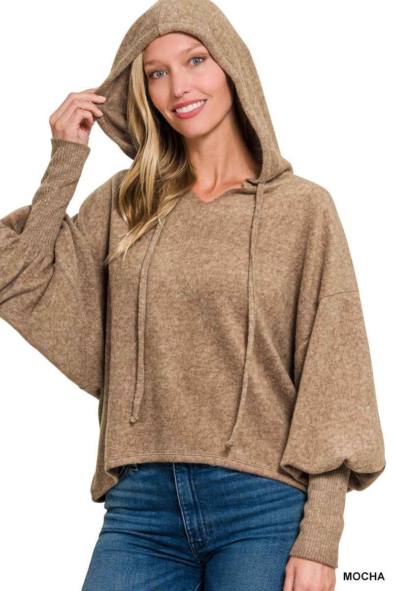 Soft Brushed Hacci Cropped Balloon Sleeve Hoodie (5 Options)