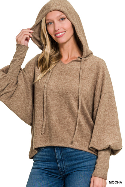 Soft Brushed Hacci Cropped Balloon Sleeve Hoodie (5 Options)