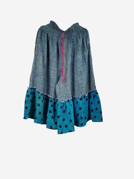 She Lives Beauty Anything for Selenas Bloomers in blue vintage kantha cotton with a ruffled hem and elastic waist