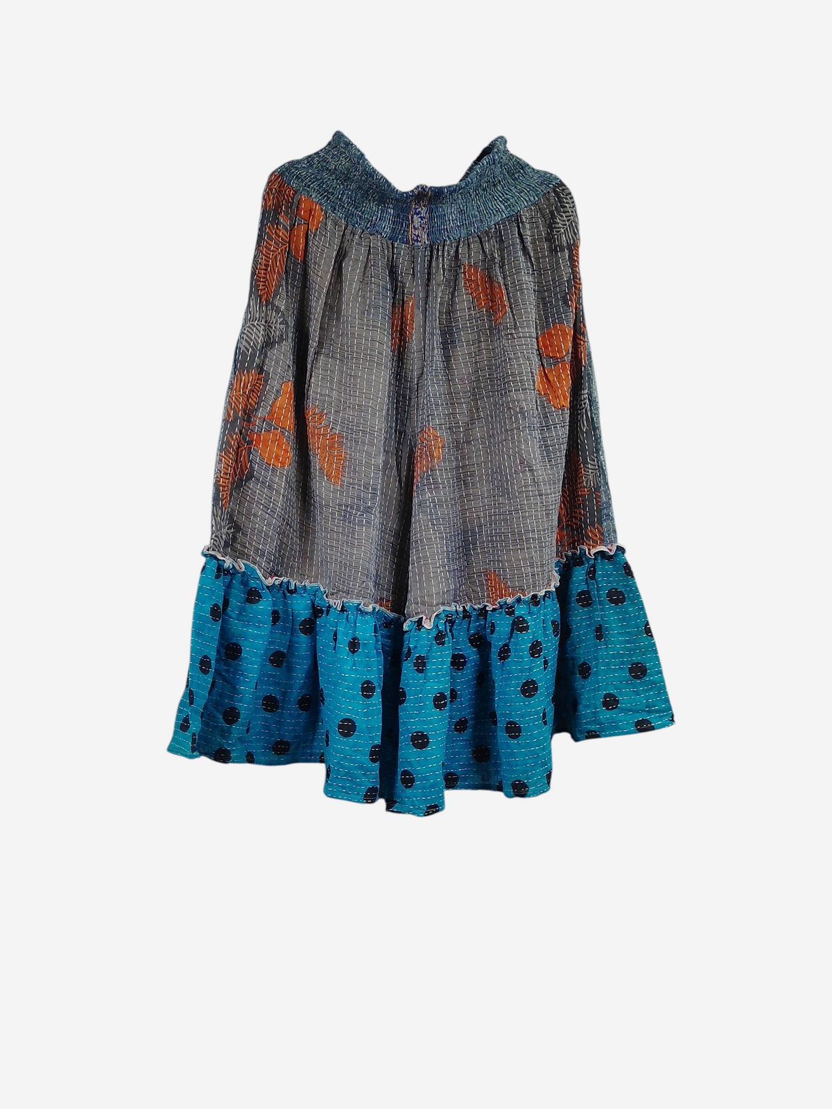 She Lives Beauty Anything for Selenas bloomers in vintage kantha cotton with grey floral and blue polka dot ruffle