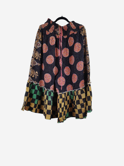 She Lives Beauty Anything for Selenas Bloomers in vintage kantha cotton with a ruffled hem and mixed geometric prints.