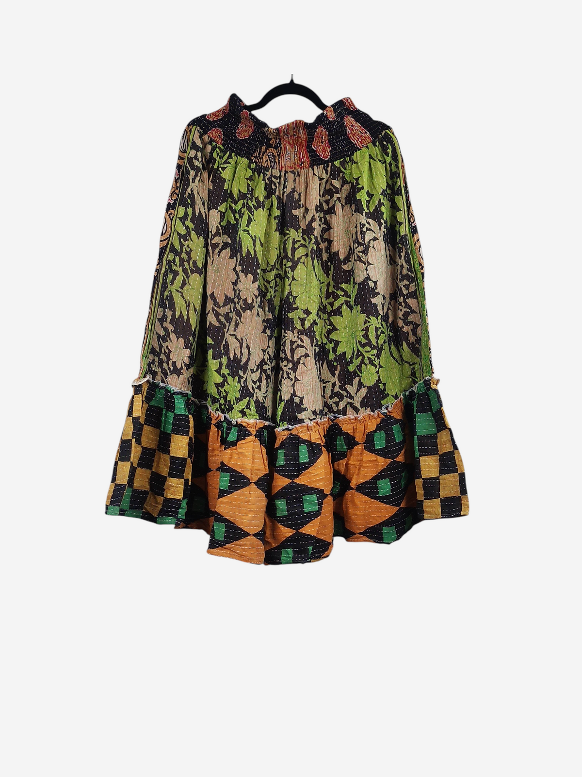 She Lives Beauty Anything for Selenas Bloomers in vintage kantha cotton with green floral and orange geometric ruffles