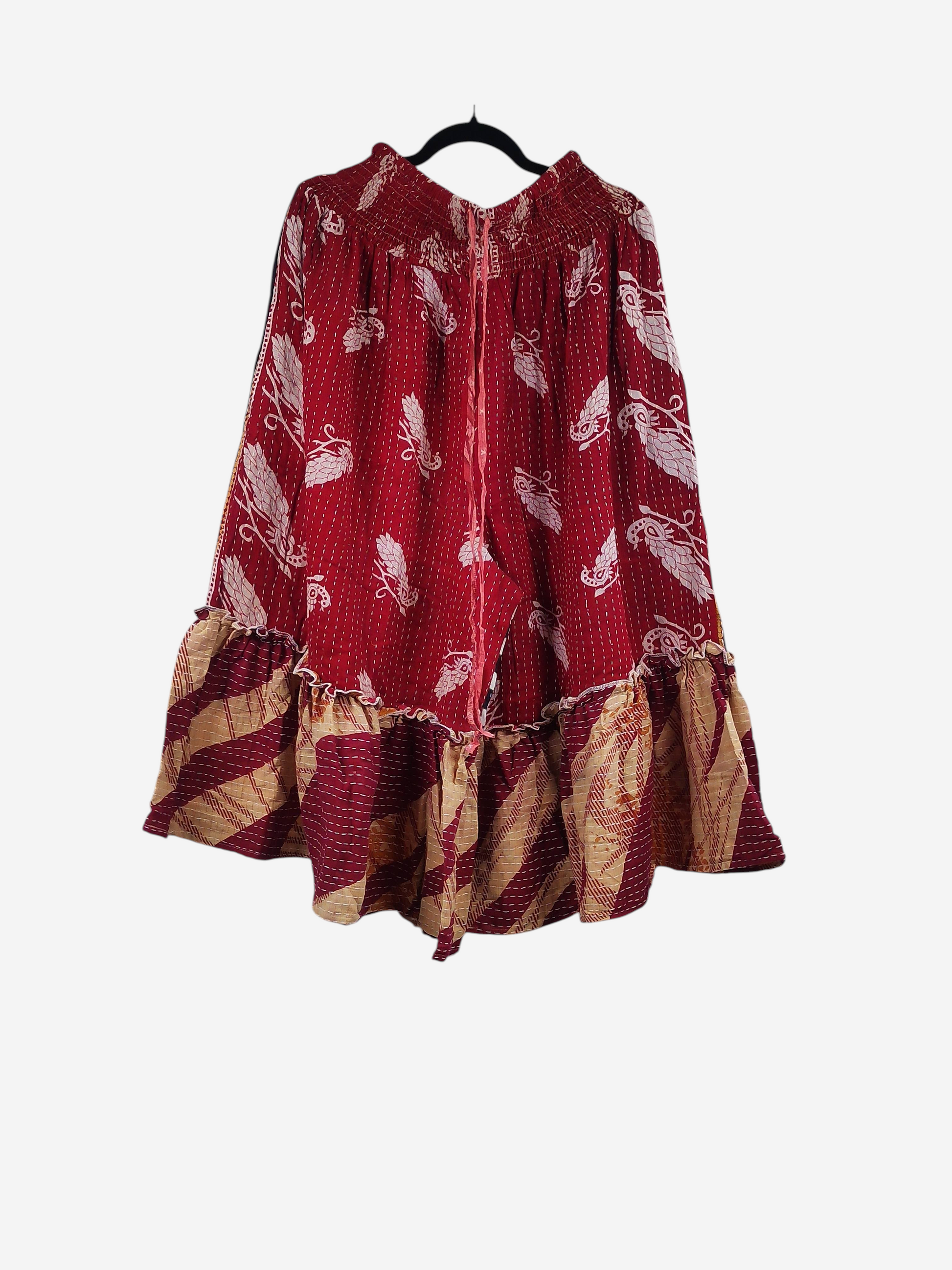She Lives Beauty Anything for Selenas bloomers in red vintage kantha cotton with a ruffled hem and elastic waist.