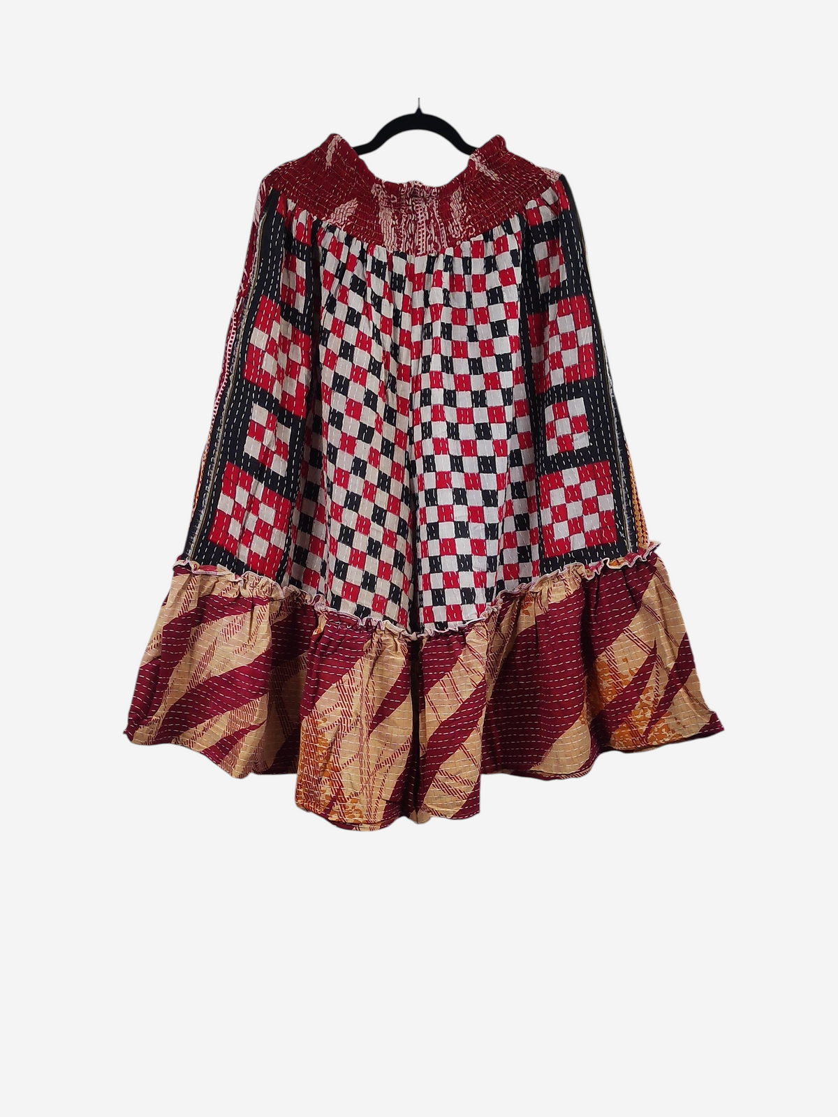 She Lives Beauty Anything for Selenas Bloomers in vintage kantha cotton with red, black, and white checkered print.