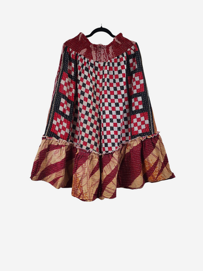 She Lives Beauty Anything for Selenas Bloomers in vintage kantha cotton with red, black, and white checkered print.