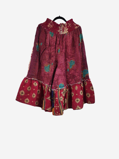 She Lives Beauty Anything for Selenas bloomers in maroon vintage kantha cotton with oversized ruffle hem