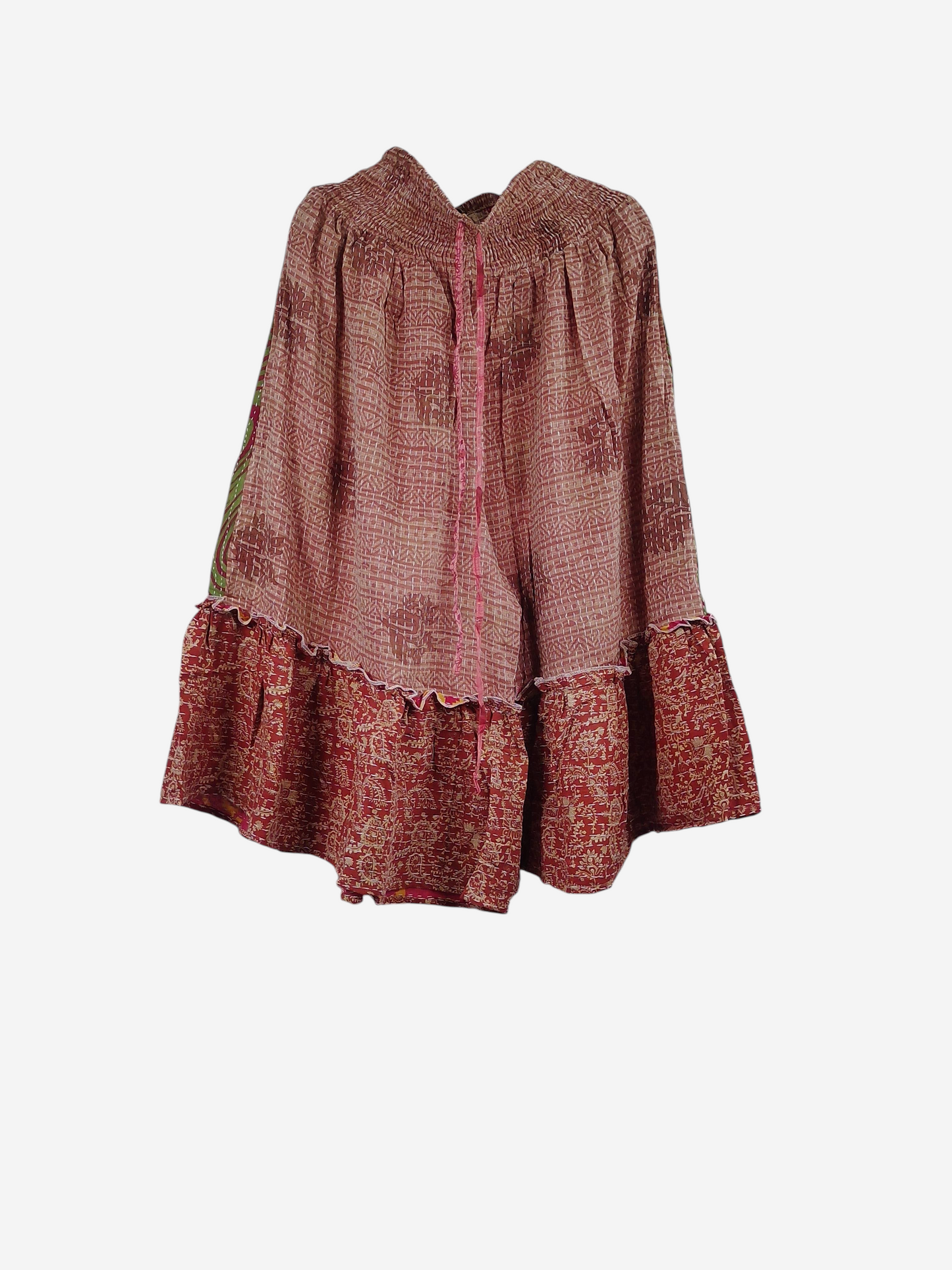 She Lives Beauty Anything for Selenas bloomers in red vintage kantha cotton with an oversized ruffle hem