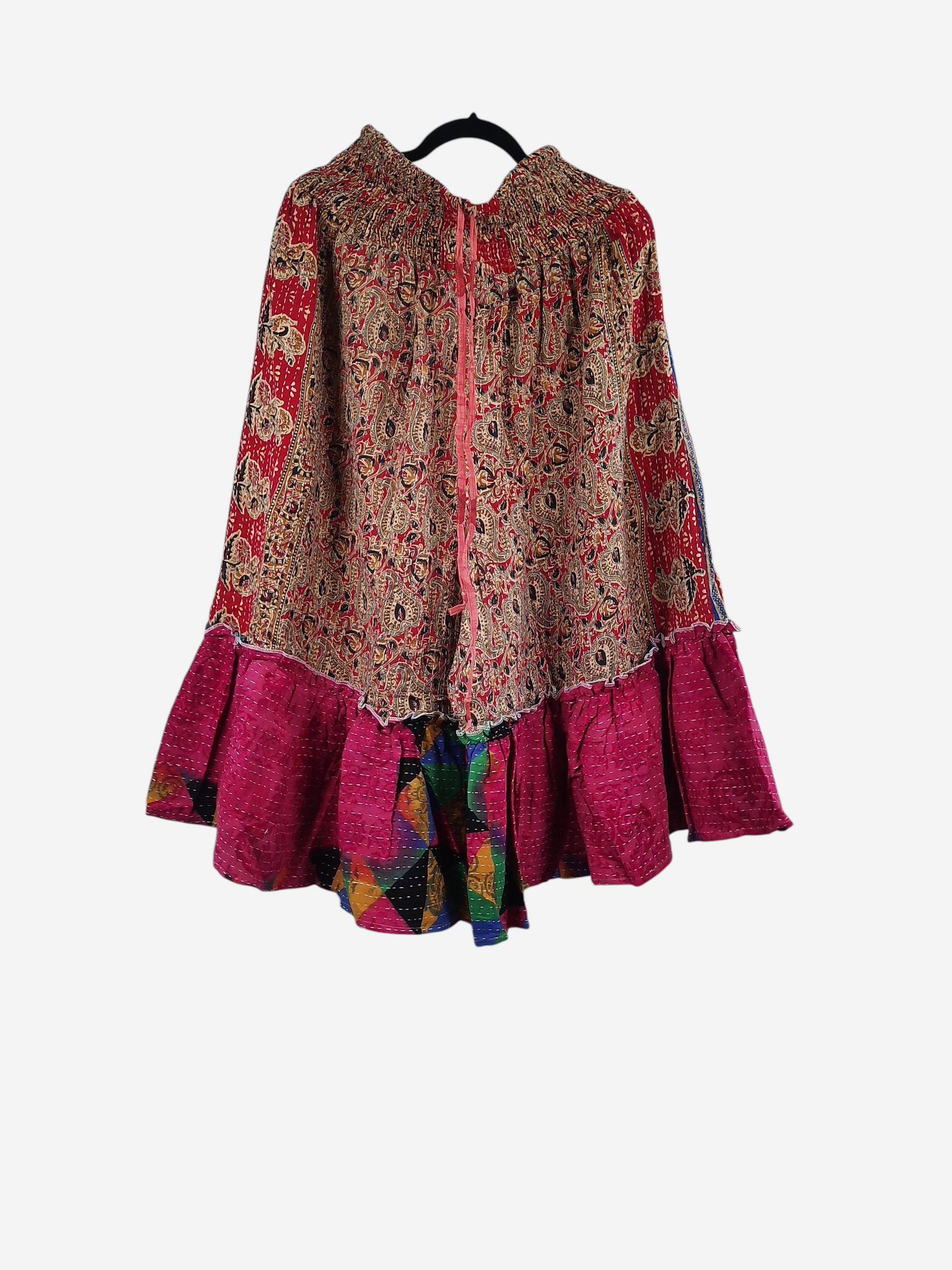 She Lives Beauty Anything for Selenas bloomers in vintage kantha cotton with a red paisley print and ruffled hem.