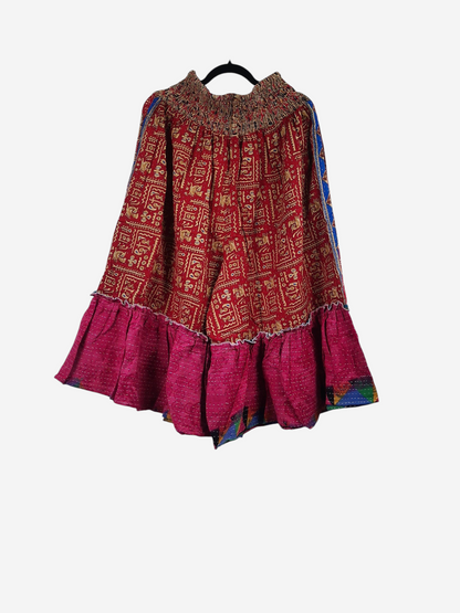 She Lives Beauty Anything for Selenas Bloomers in red and pink vintage kantha cotton with an oversized ruffle hem