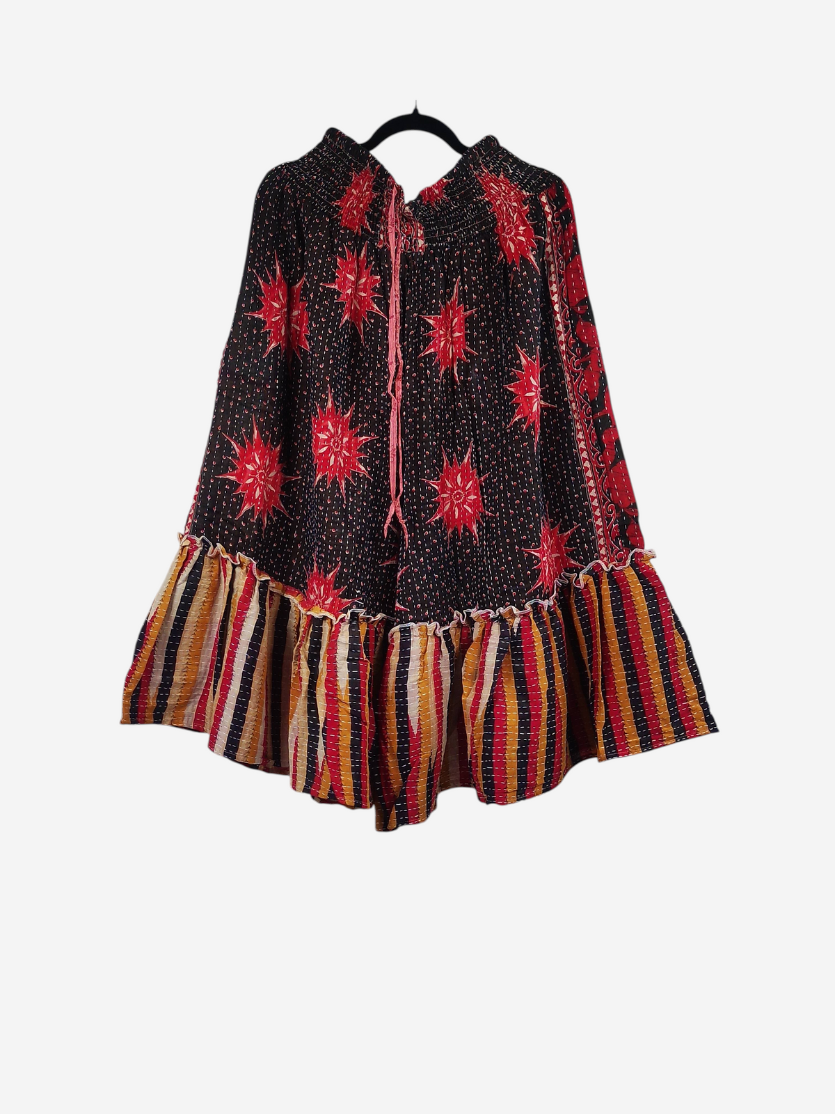 She Lives Beauty Anything for Selenas bloomers in vintage kantha cotton with star print and striped ruffle hem