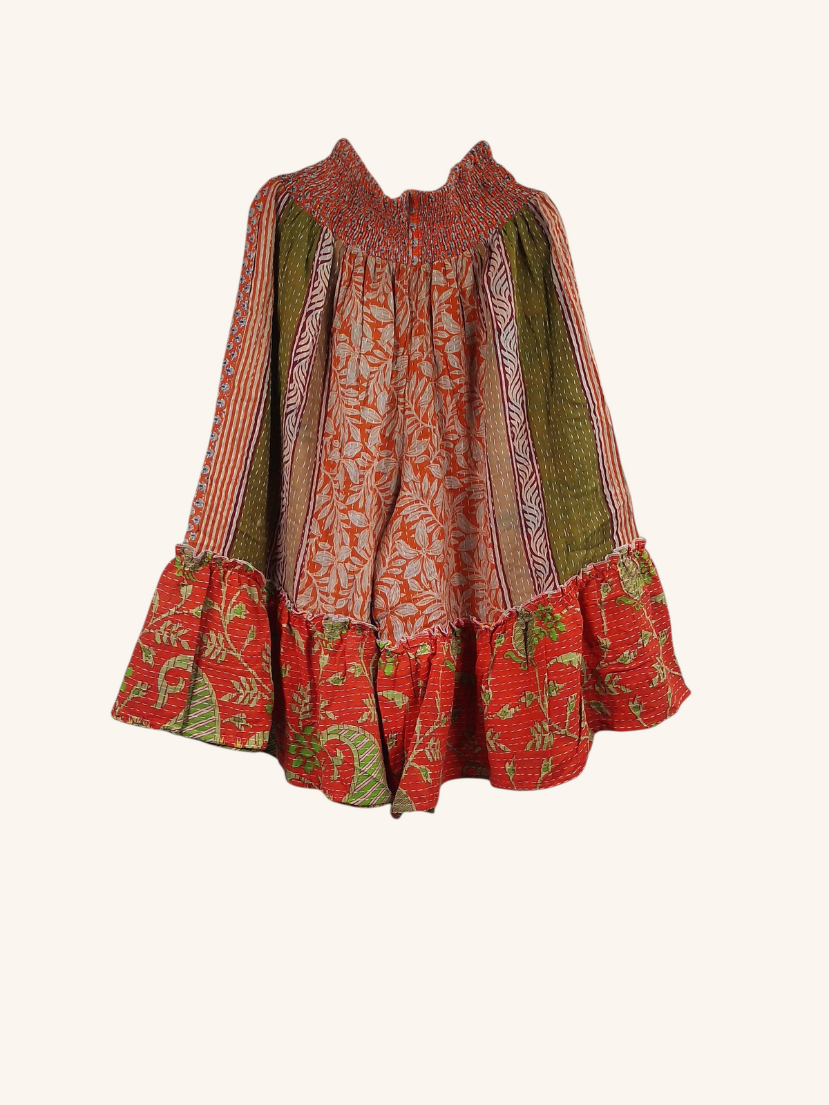 She Lives Beauty Anything for Selenas Bloomers in vintage kantha cotton with orange and green floral patchwork