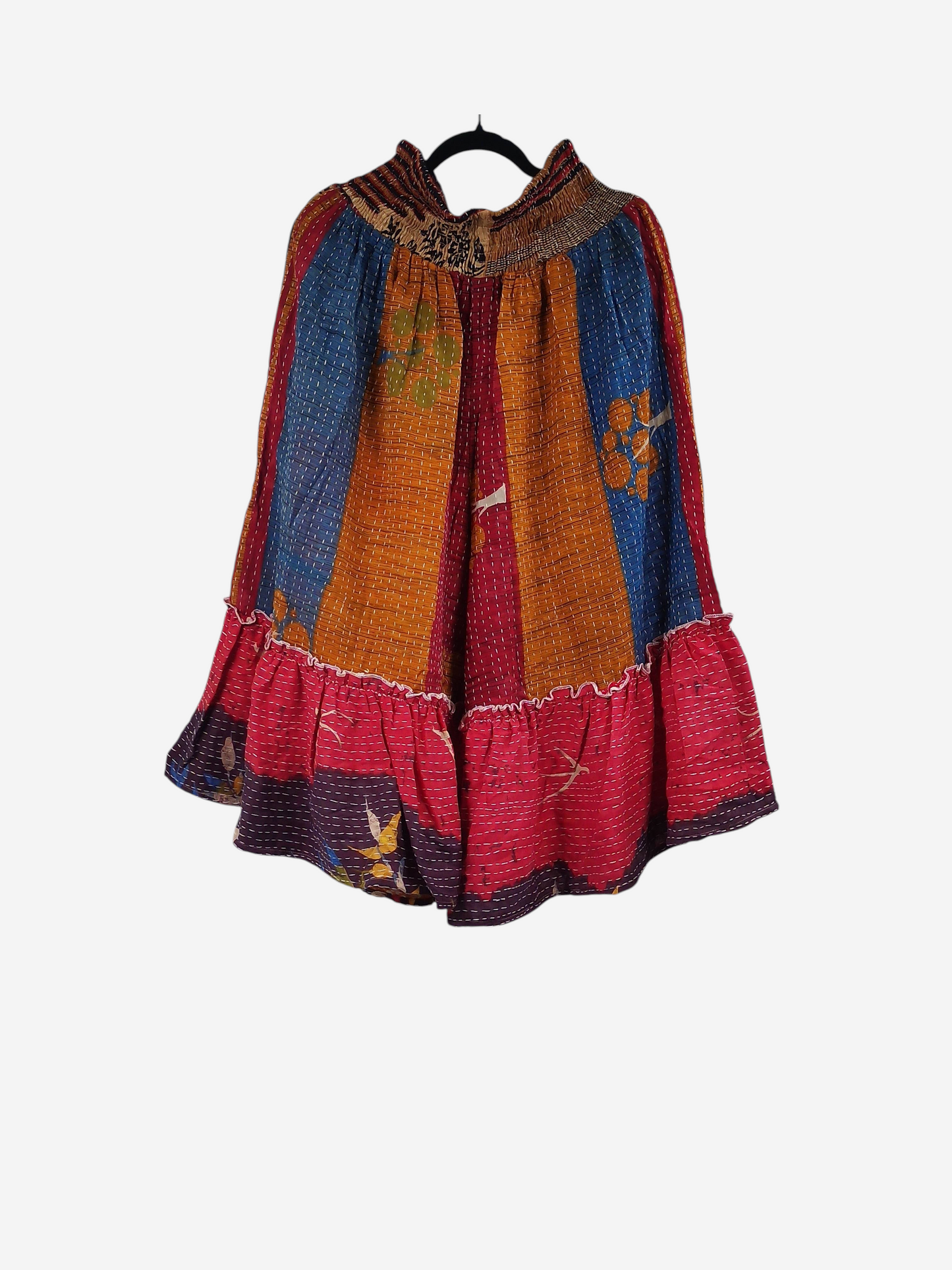 She Lives Beauty Anything for Selenas bloomers in colorful vintage Kantha stitched cotton with an oversized ruffle hem