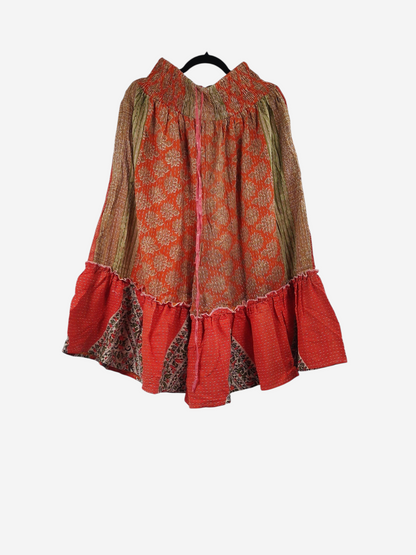 She Lives Beauty Anything for Selenas Bloomers in orange vintage kantha cotton with an oversized ruffle hem.