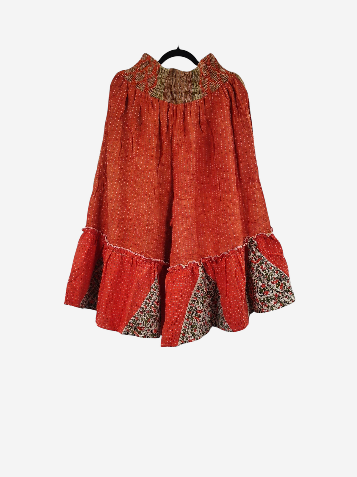 She Lives Beauty Anything for Selenas Bloomers in orange vintage kantha cotton with a ruffled hem and elastic waist.