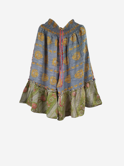 She Lives Beauty Anything for Selenas Bloomers in vintage kantha cotton with yellow floral print and ruffled hem