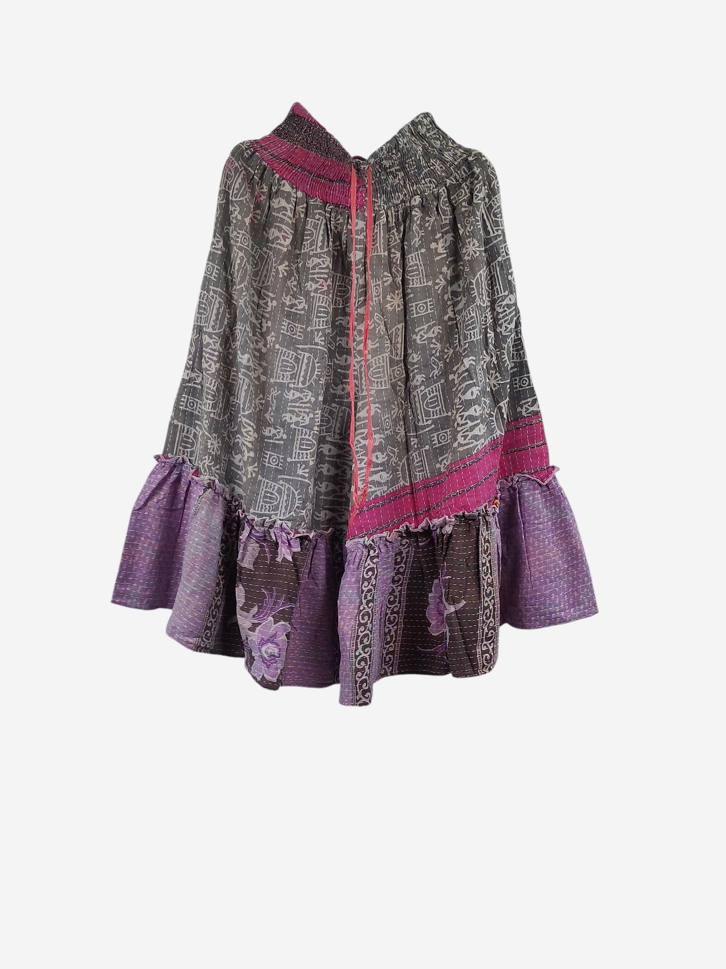 She Lives Beauty Anything for Selenas Bloomers in vintage kantha cotton with grey, pink, and purple patchwork ruffles.