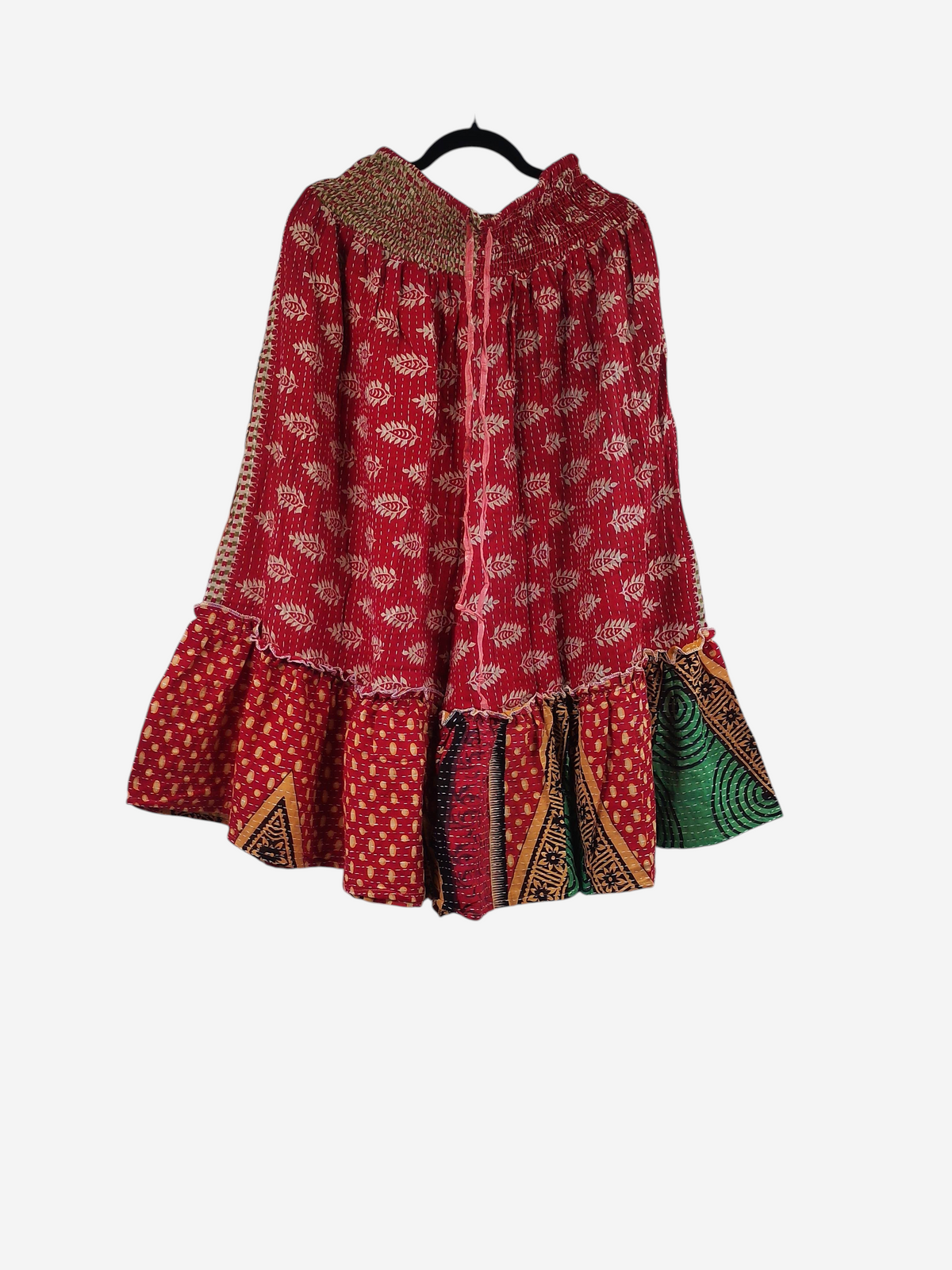 She Lives Beauty Anything for Selenas Bloomers in red vintage kantha cotton with a ruffled hem and elastic waist.