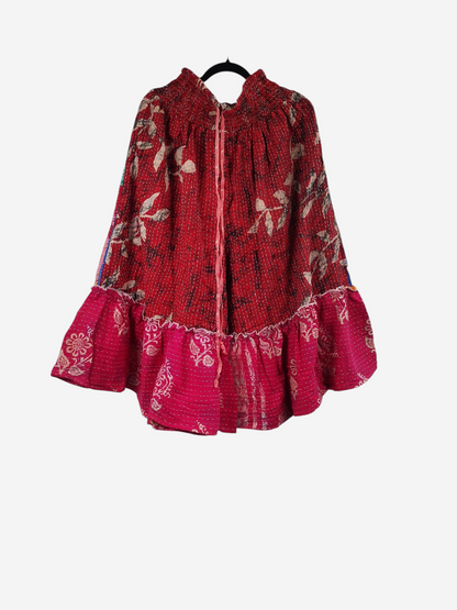 She Lives Beauty Anything for Selenas Bloomers in red vintage kantha cotton with an oversized ruffle hem.