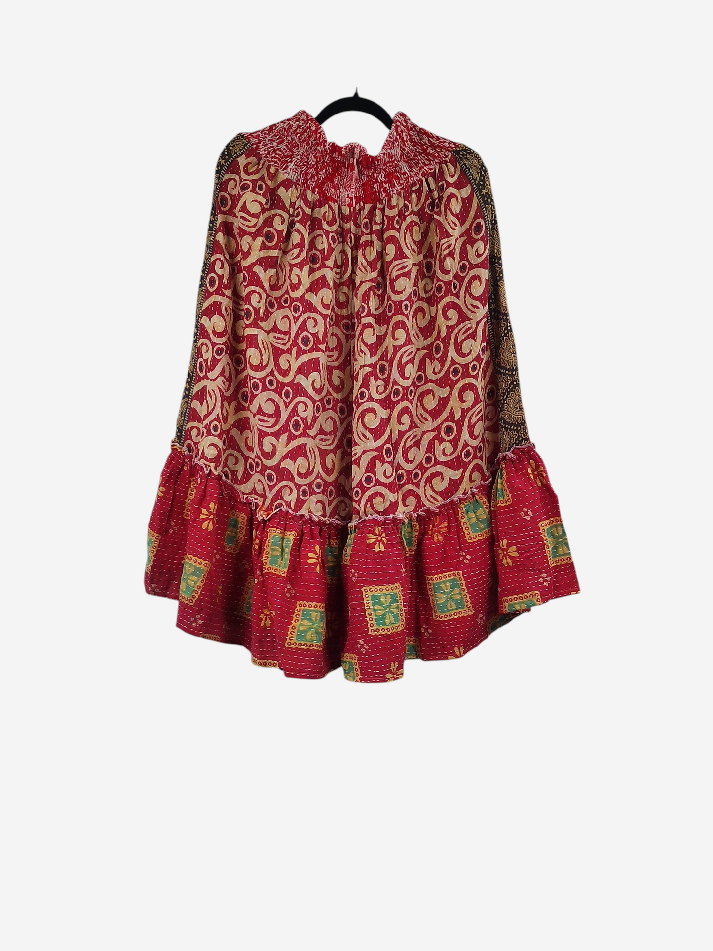 She Lives Beauty Anything for Selenas bloomers in vintage red Kantha cotton with a ruffled hem and elastic waist.