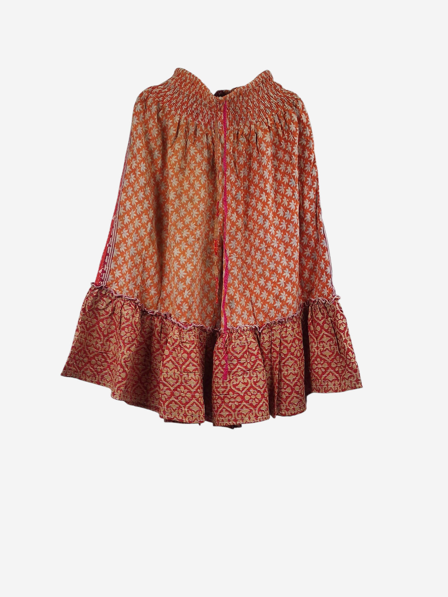 She Lives Beauty Anything for Selenas Bloomers in orange and red vintage kantha cotton with an oversized ruffle hem