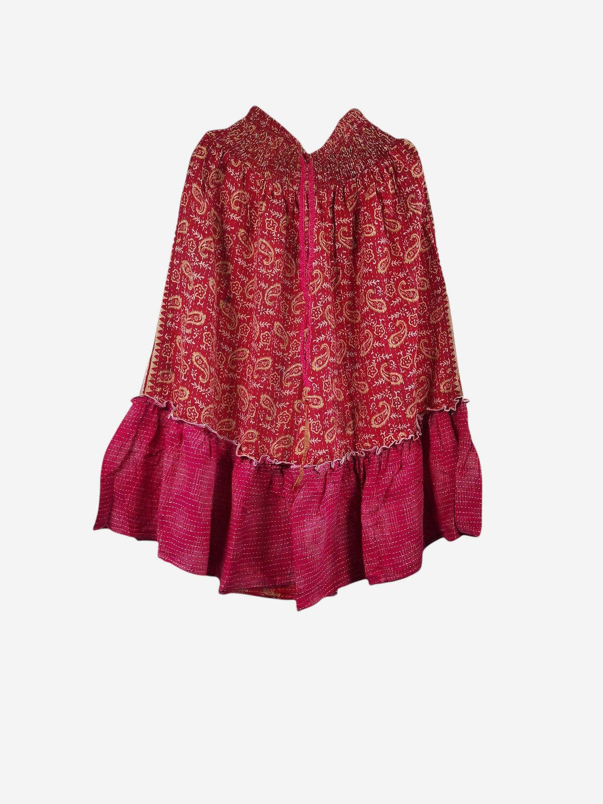 She Lives Beauty Anything for Selenas bloomers in red vintage kantha cotton with a paisley print and ruffled hem.