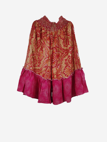 She Lives Beauty Anything for Selenas Bloomers in vintage kantha cotton with red floral print and pink ruffle hem