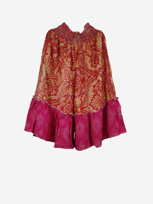She Lives Beauty Anything for Selenas Bloomers in vintage kantha cotton with red floral print and pink ruffle hem