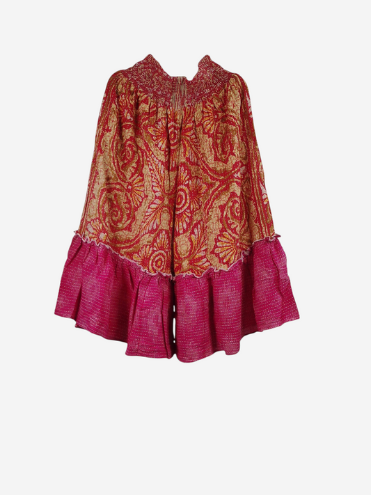 She Lives Beauty Anything for Selenas Bloomers in vintage kantha cotton with red floral print and pink ruffle hem