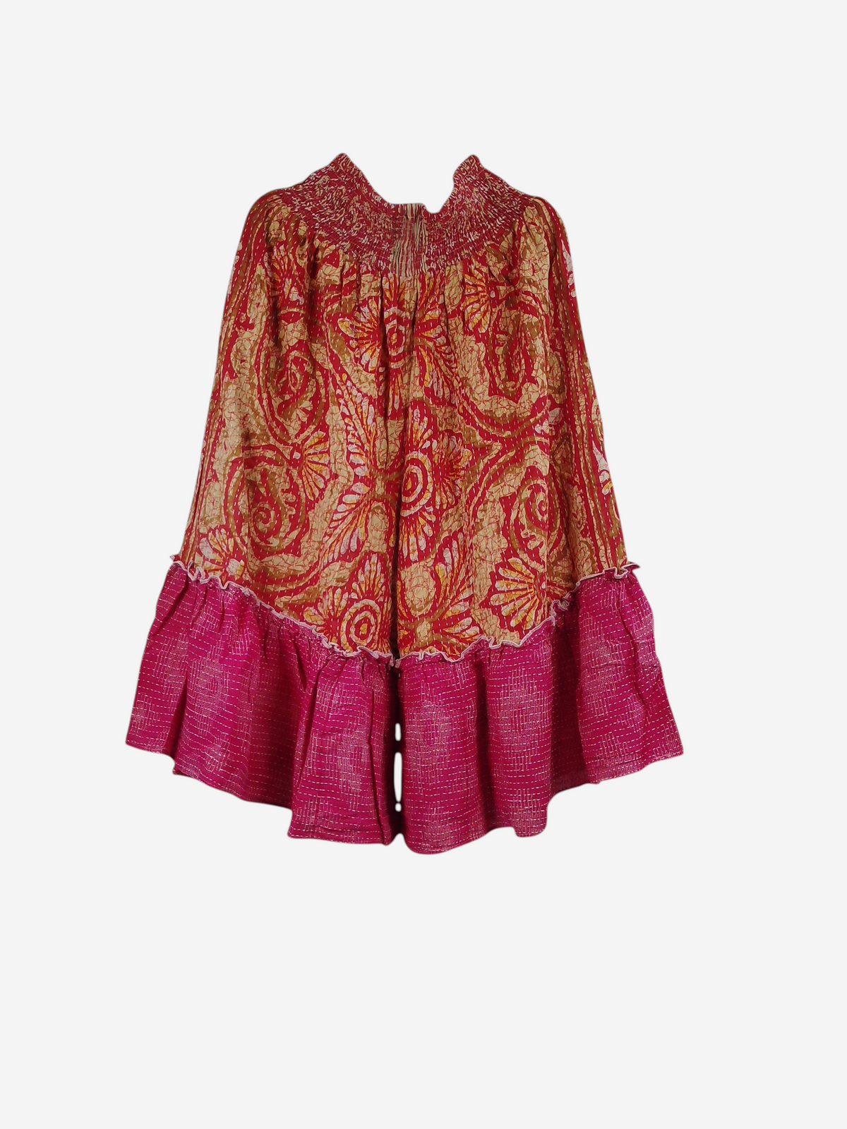 She Lives Beauty Anything for Selenas Bloomers in vintage kantha cotton with red floral print and pink ruffle hem