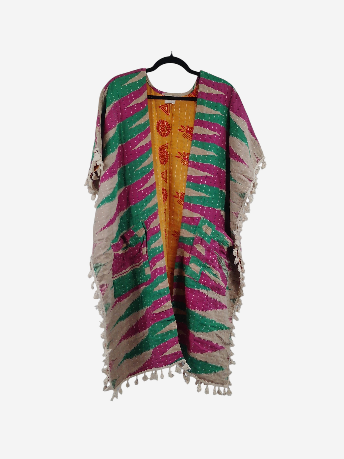 She Lives Beauty short sleeve kimono in vintage kantha cotton with green, magenta, and yellow patterned fringe trim