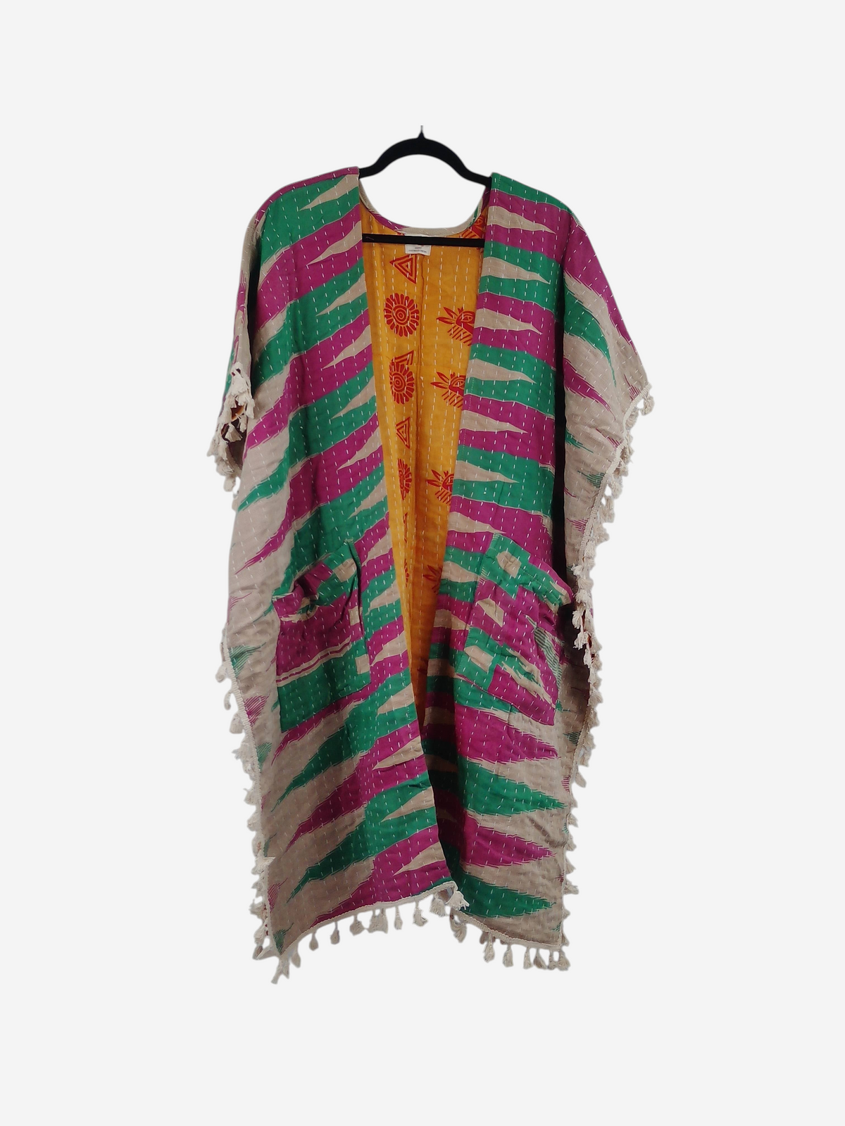 She Lives Beauty short sleeve kimono in vintage kantha cotton with green, magenta, and yellow patterned fringe trim