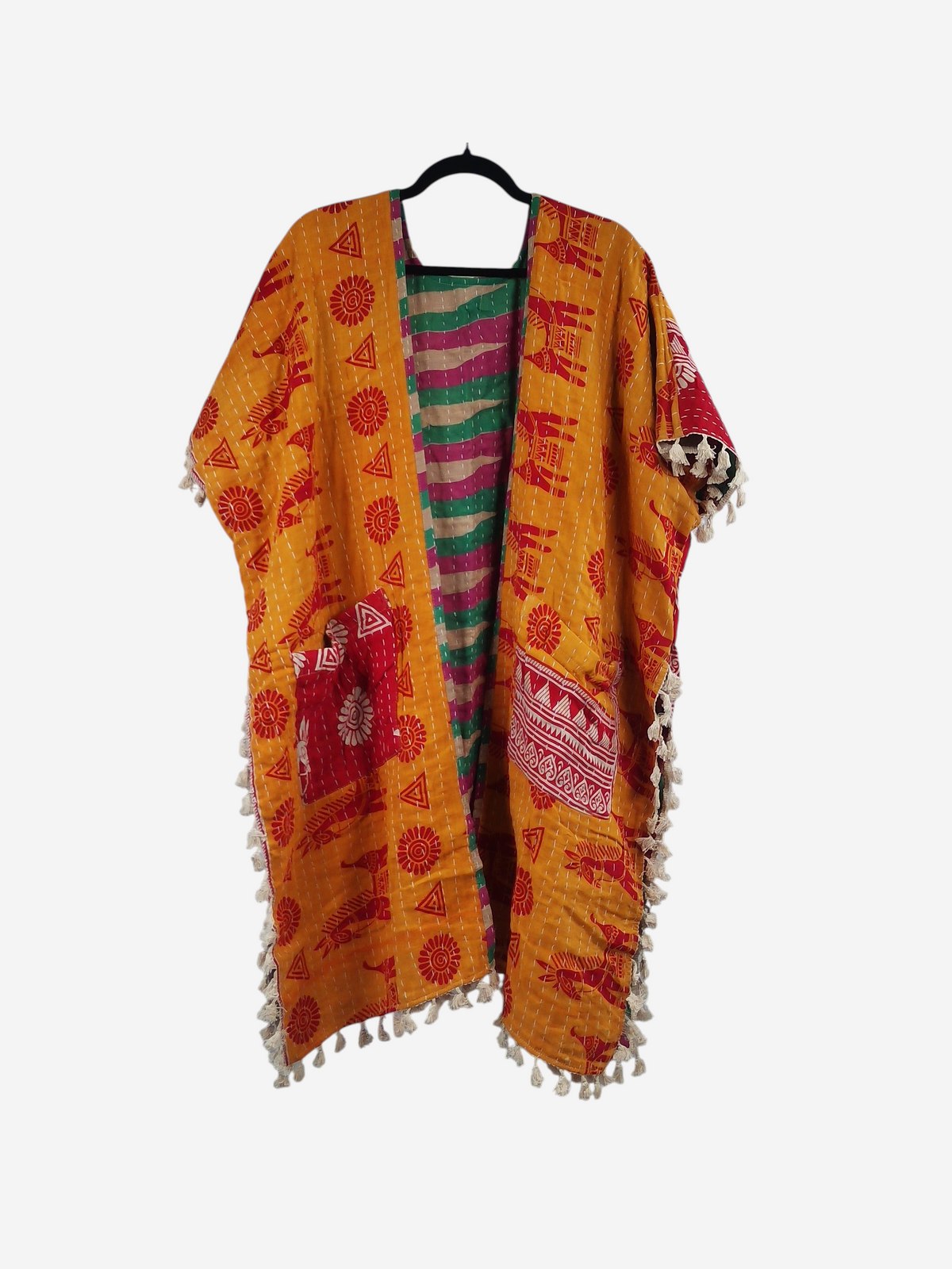 She Lives Beauty short sleeve kimono in yellow vintage kantha cotton with bohemian patterns and fringe hem detail