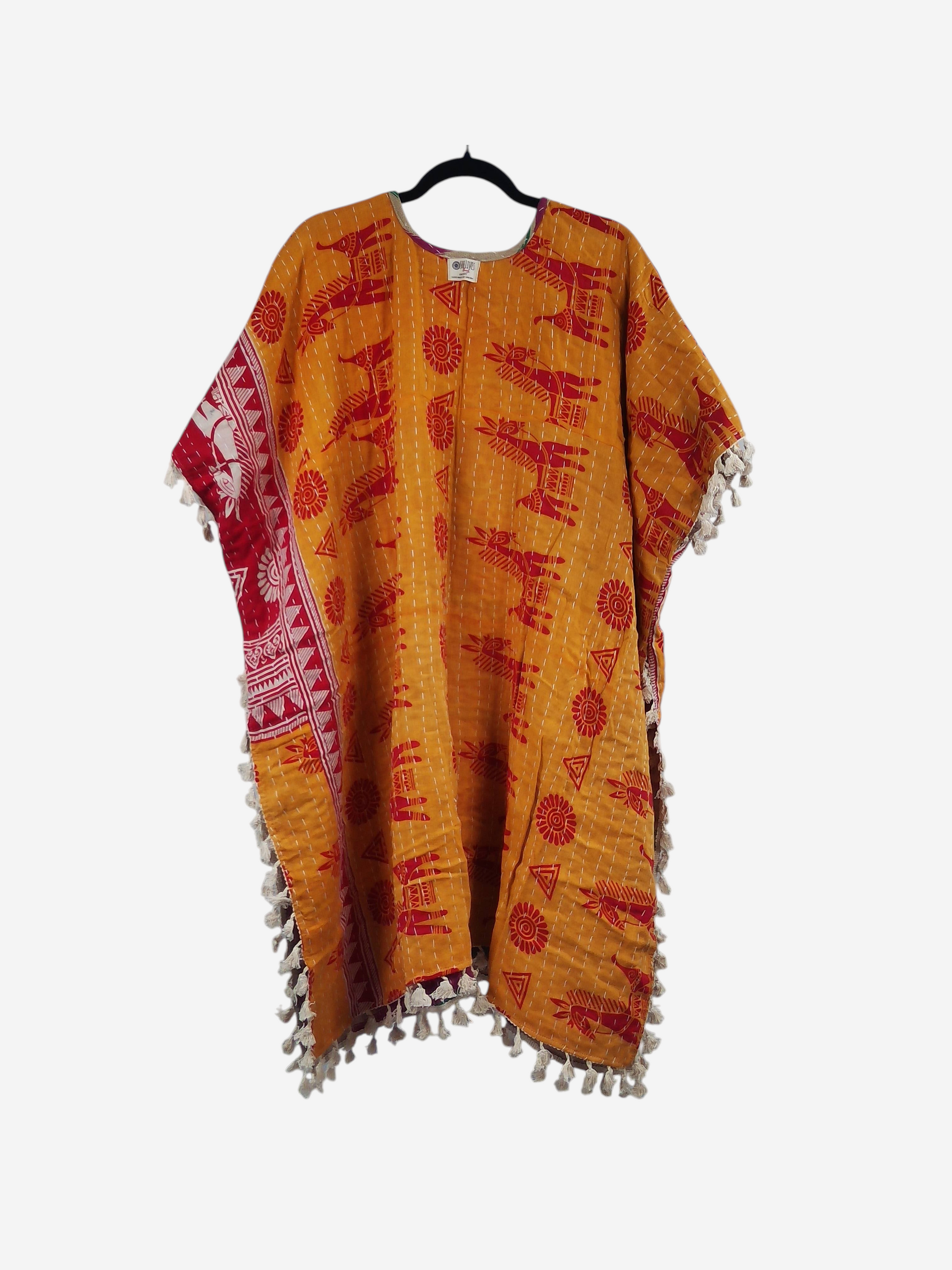 She Lives Beauty Short Sleeve Willow Fringe Kantha Kimono in mustard yellow vintage cotton with red animal prints.