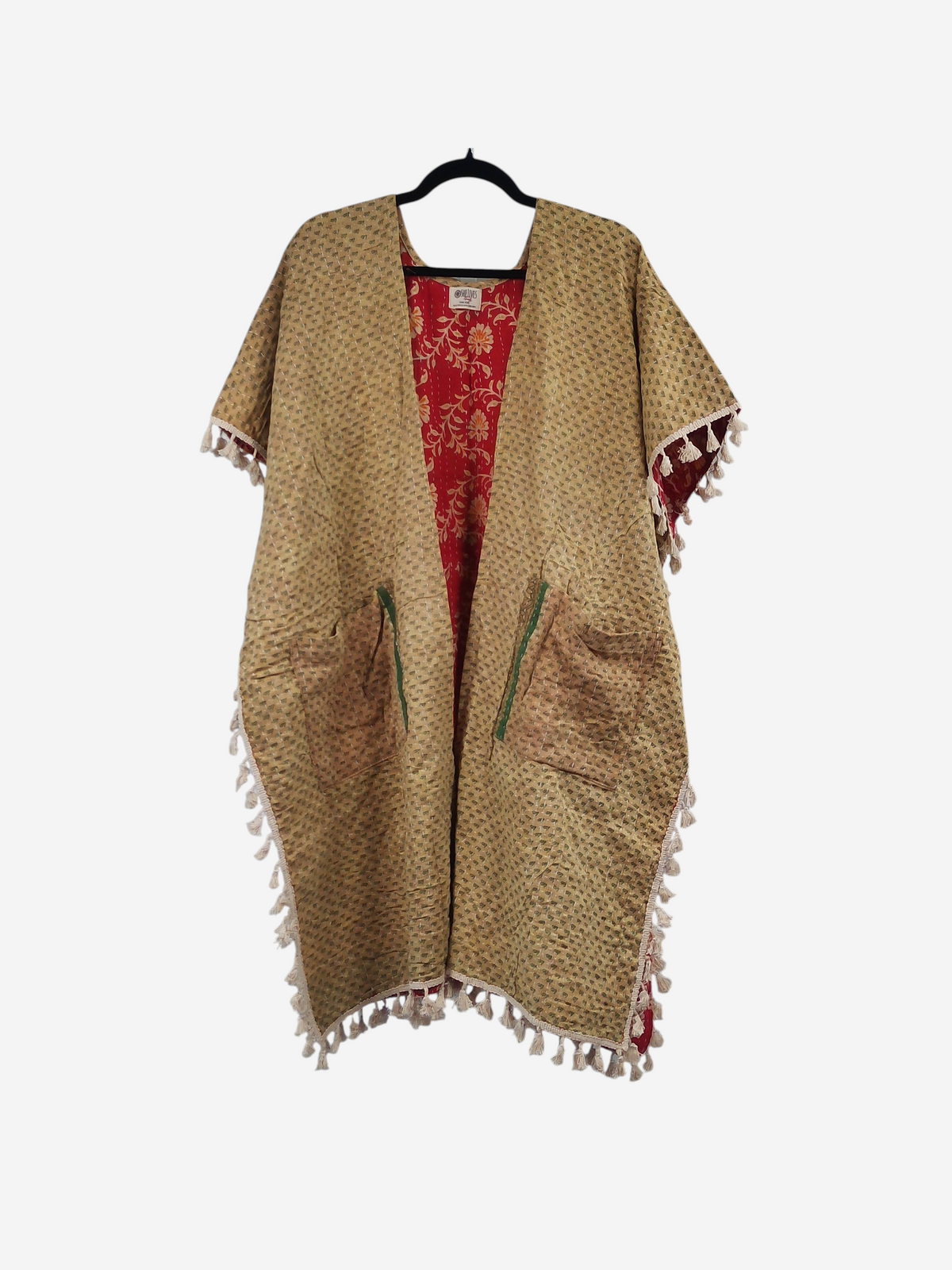 She Lives Beauty vintage cotton kantha kimono in tan with red floral lining, short sleeves, and artisan fringe trim.